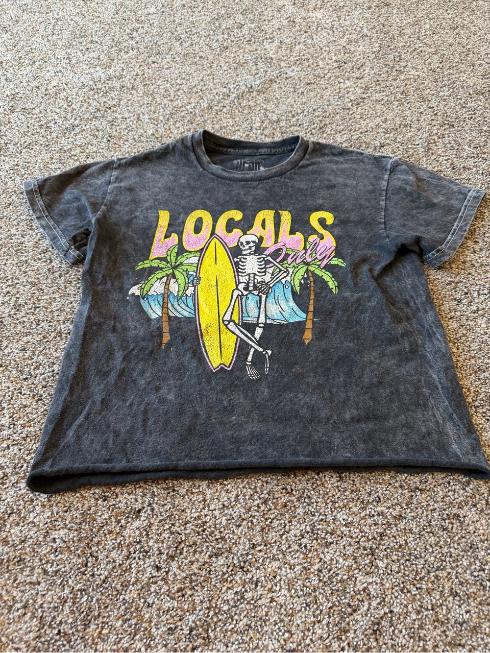 Mighty Fine Locals Only Skeleton Surf Graphic Tee Large Washed Black Beach